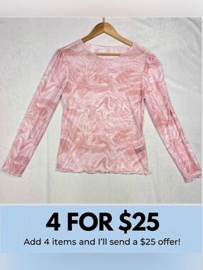 Dazy Sheer Mesh Marble Print Top Pink Swirl Y2K-Inspired Long Sleeve Size Large
